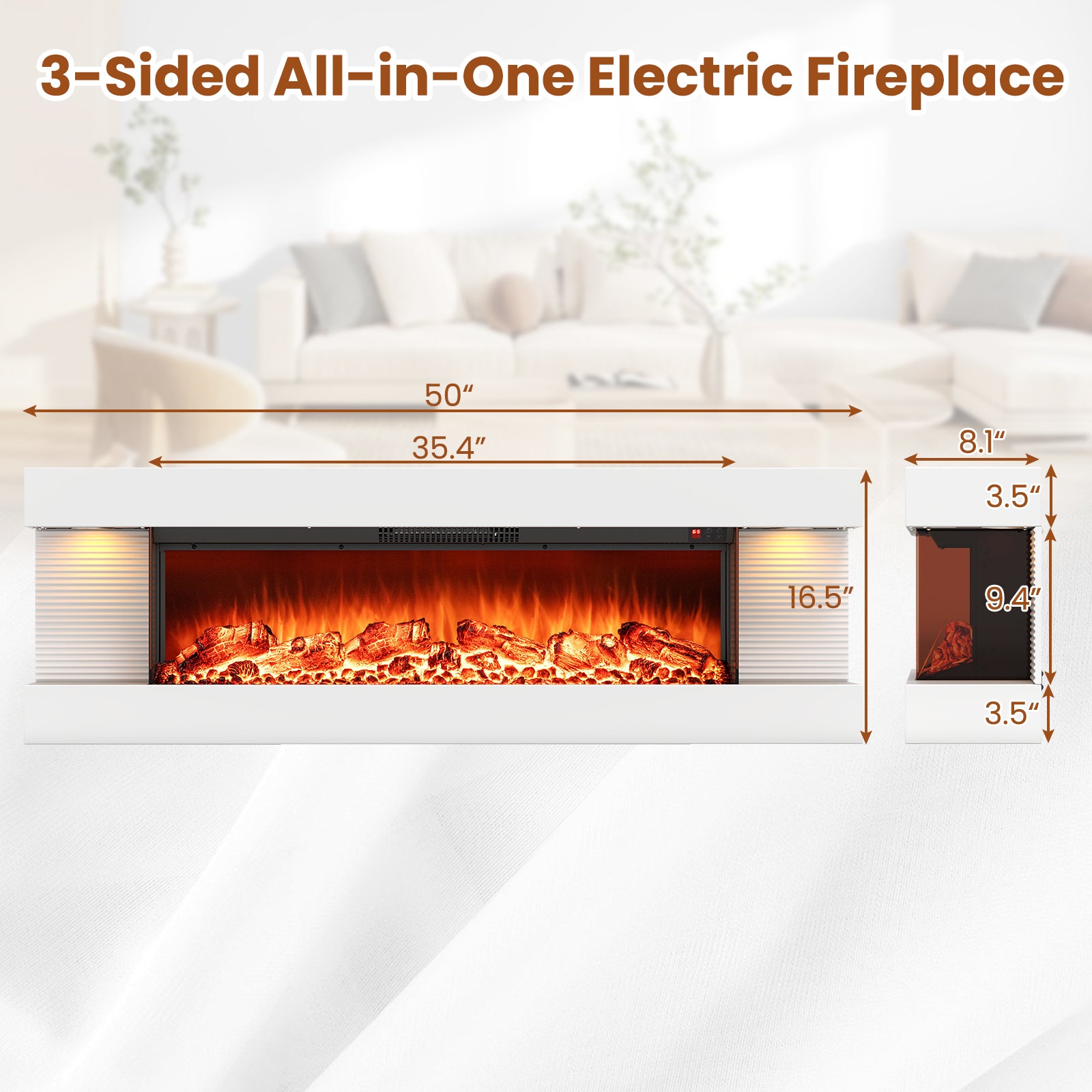 18/36 Inch 3-Sided Wall Mounted Electric Fireplace with 32/50 Inch Wide Floating Mantle-36 Inch