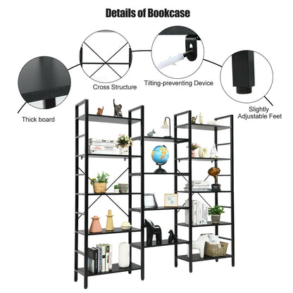 Vintage Triple Wide 5-Tier Bookcase Large Bookshelf Display Storage Shelf-Black