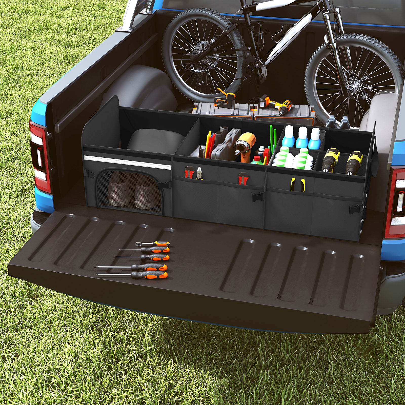 18 Gal Car Trunk Organizer with Lid 3-Compartment Portable Storage Box-Black