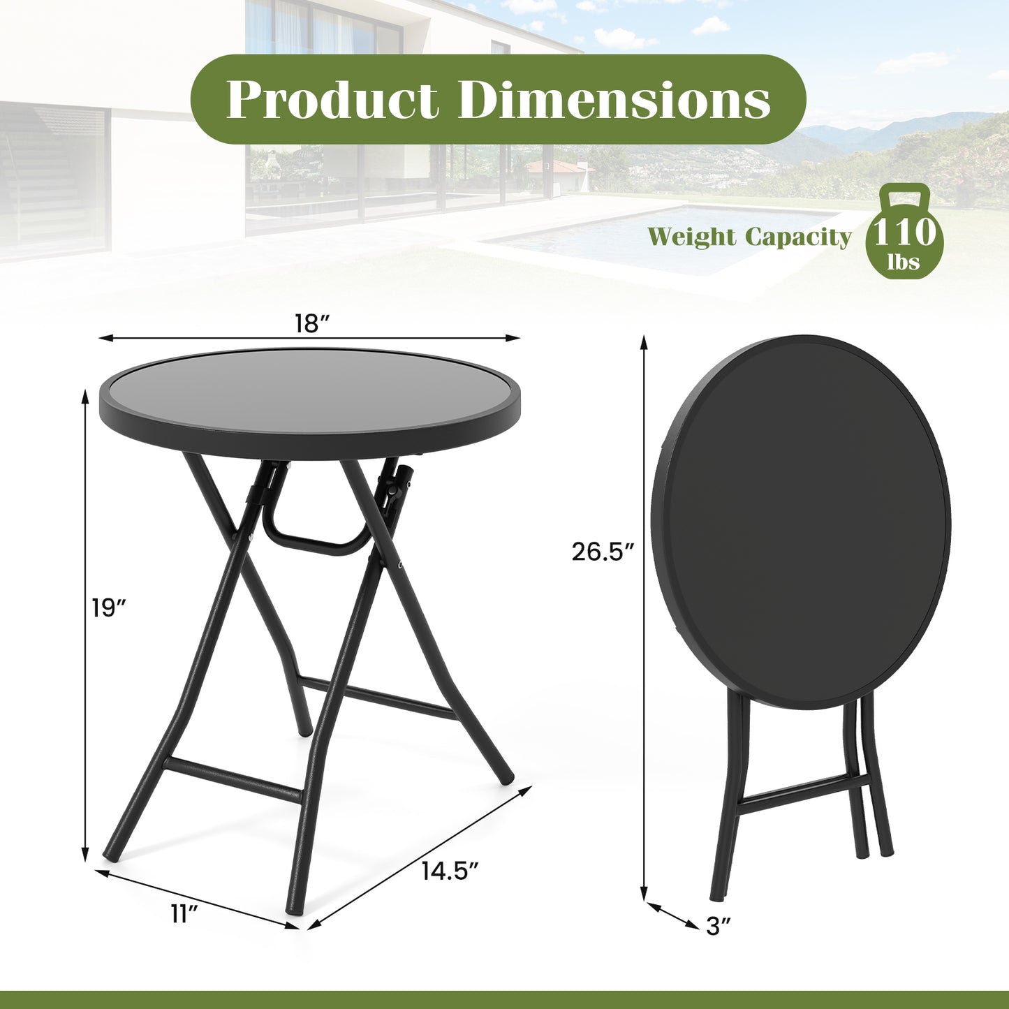 18 Inch Folding Side Table Patio Round Compact Coffee Table