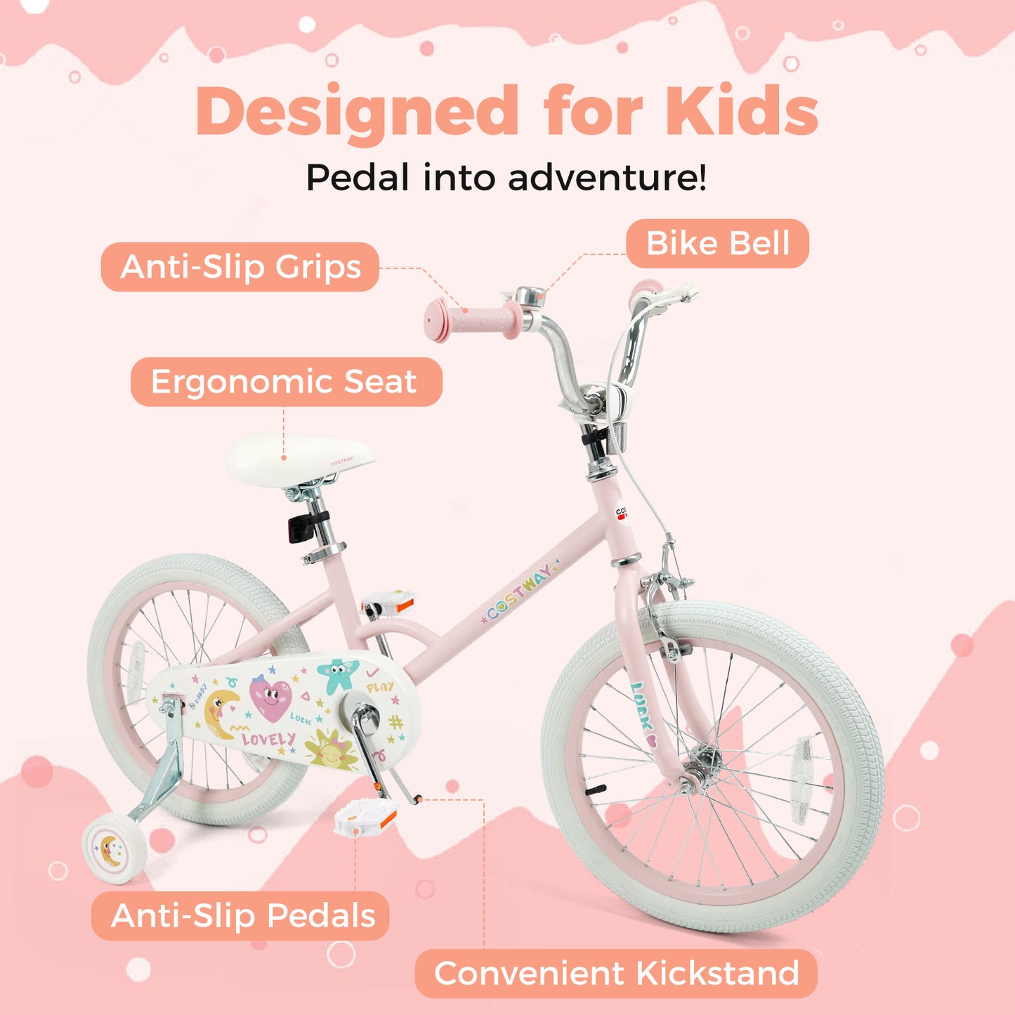 Kids Bike 12-18 Inch with Training Wheels - Pink Stars & Moon