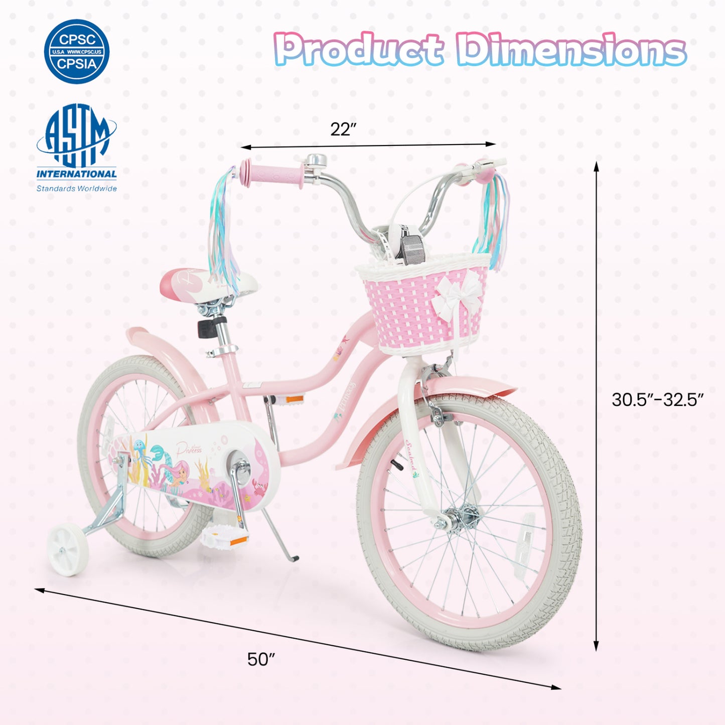 18-Inch Kids Bike Adjustable with Basket and Streamers Pink - Princess of the Sea Theme