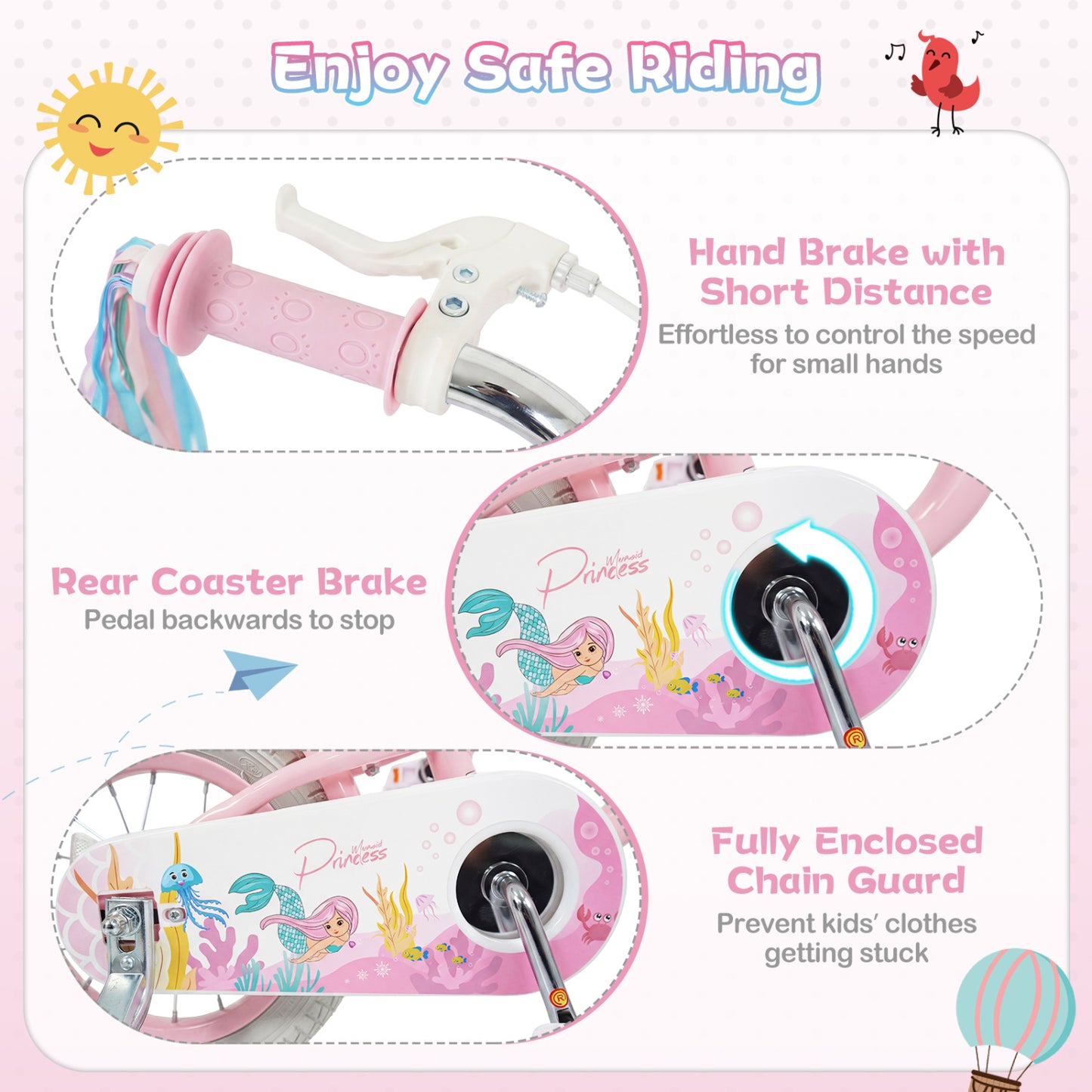 18-Inch Kids Bike Adjustable with Basket and Streamers Pink - Princess of the Sea Theme