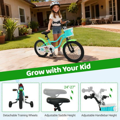 18 Inch Kids Bike with Training Wheels and Basket Green Color