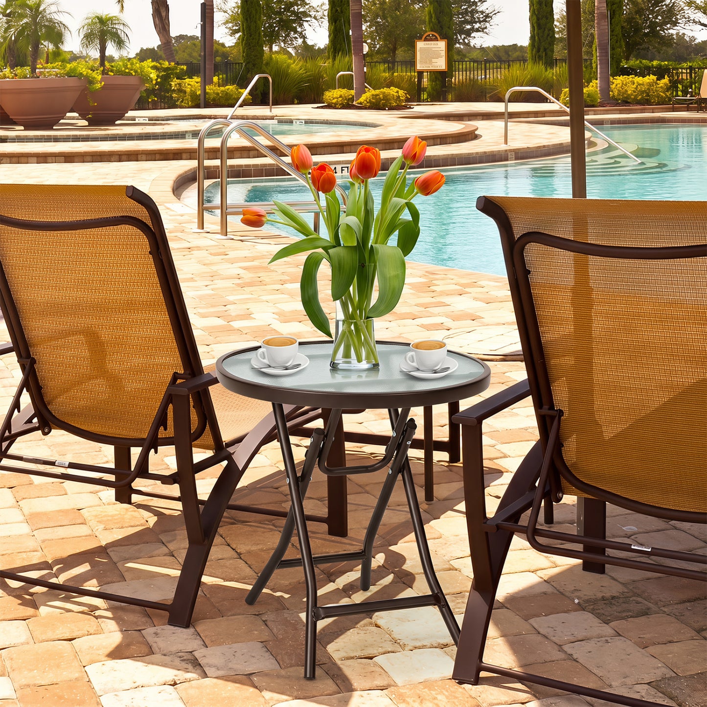 18" Round Folding Patio Side Table with Tempered Glass Top