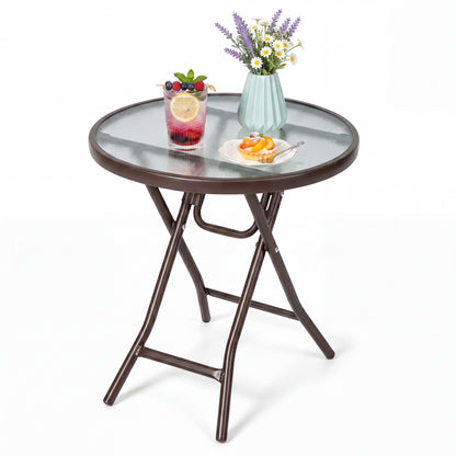 18" Round Folding Patio Side Table with Tempered Glass Top