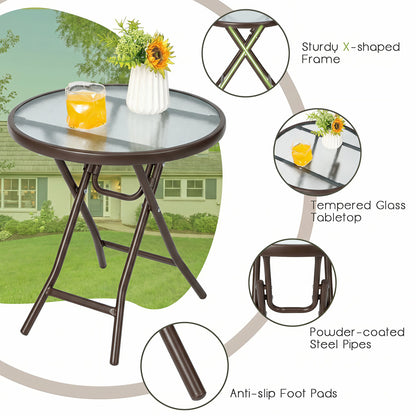 18" Round Folding Patio Side Table with Tempered Glass Top