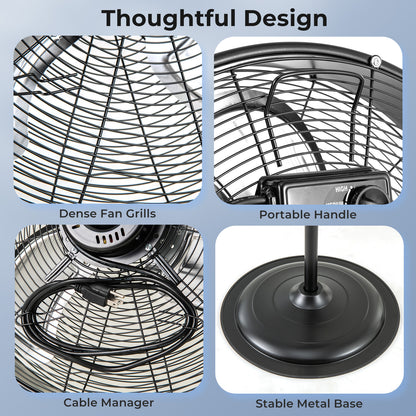 20 Inches High Velocity Pedestal Fan with 3 Speeds and Adjustable Height-Black