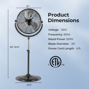 20 Inches High Velocity Pedestal Fan with 3 Speeds and Adjustable Height-Black