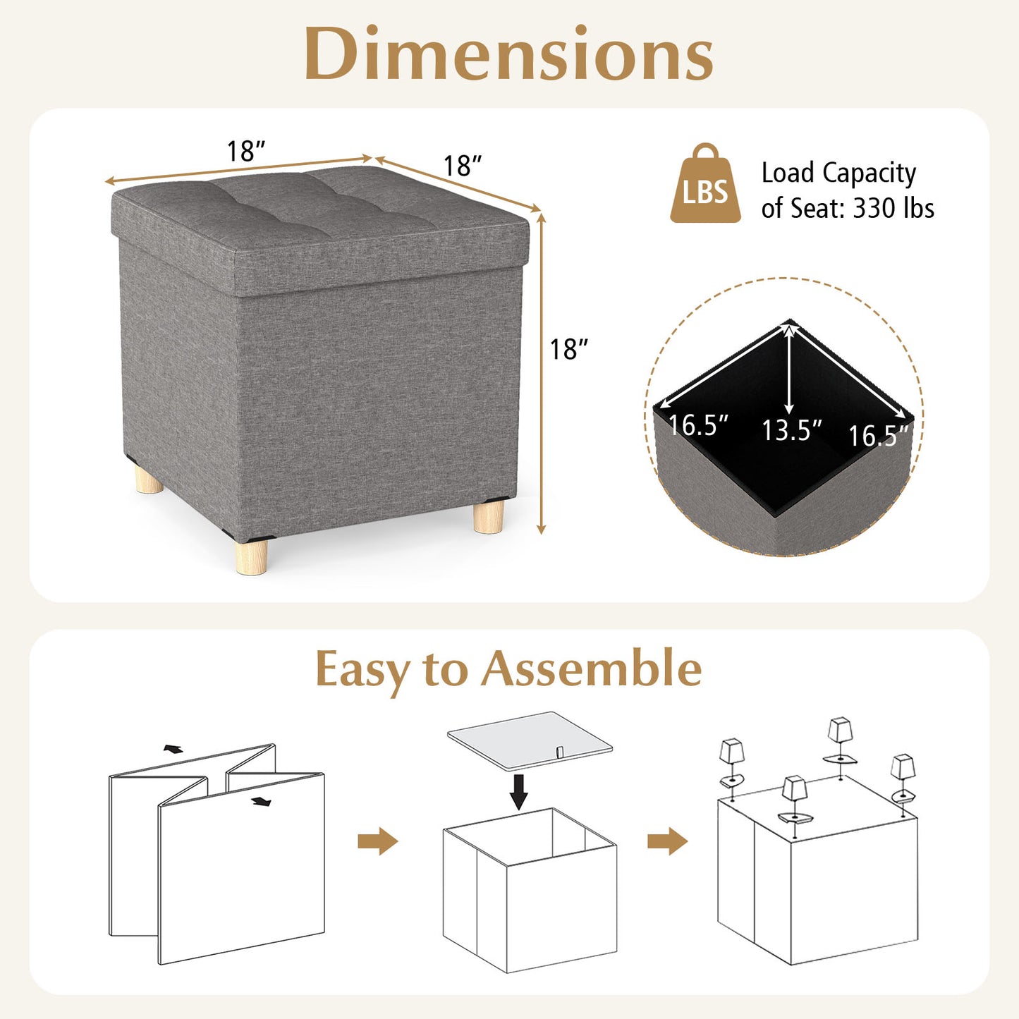 18 Inches Ottoman with Storage and Rubber Wood Legs-Gray