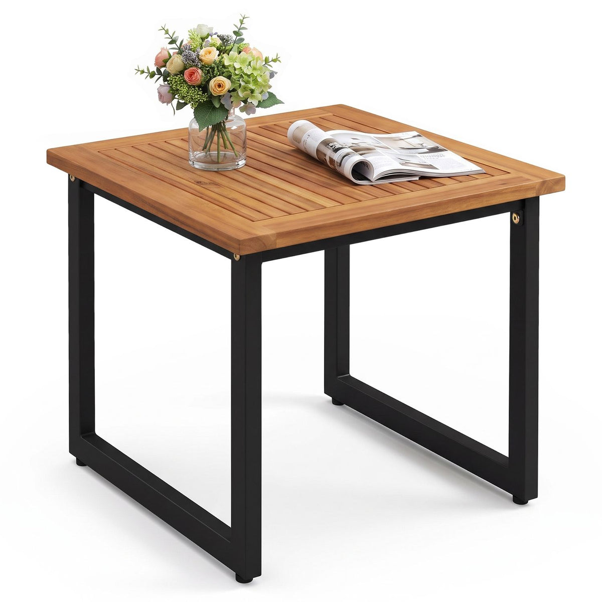 18 Inches Square Acacia Wood Patio Side Table Outdoor End Table with Slatted Top