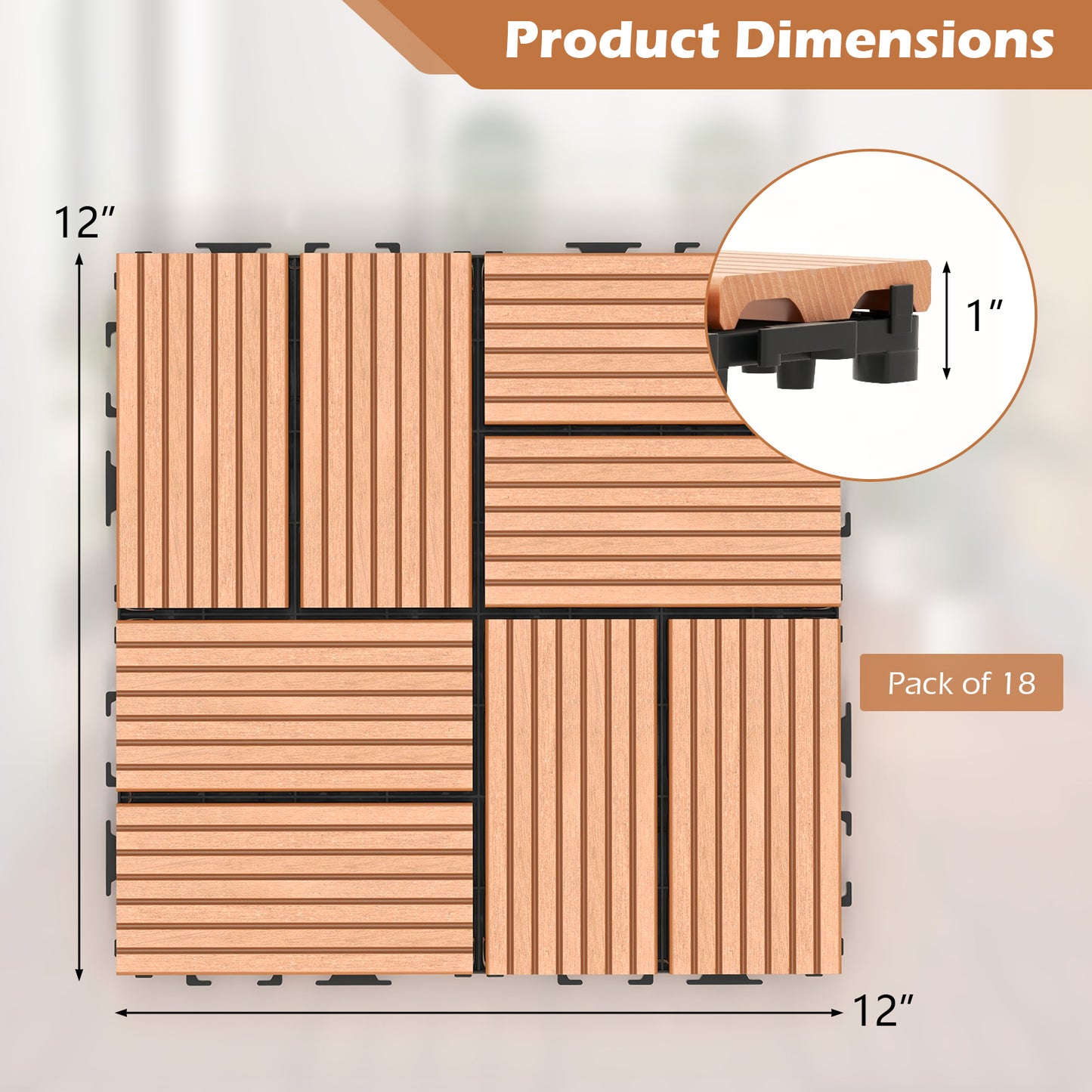 18 Pieces 12 x 12 Inch All Weather Interlocking Deck Tiles