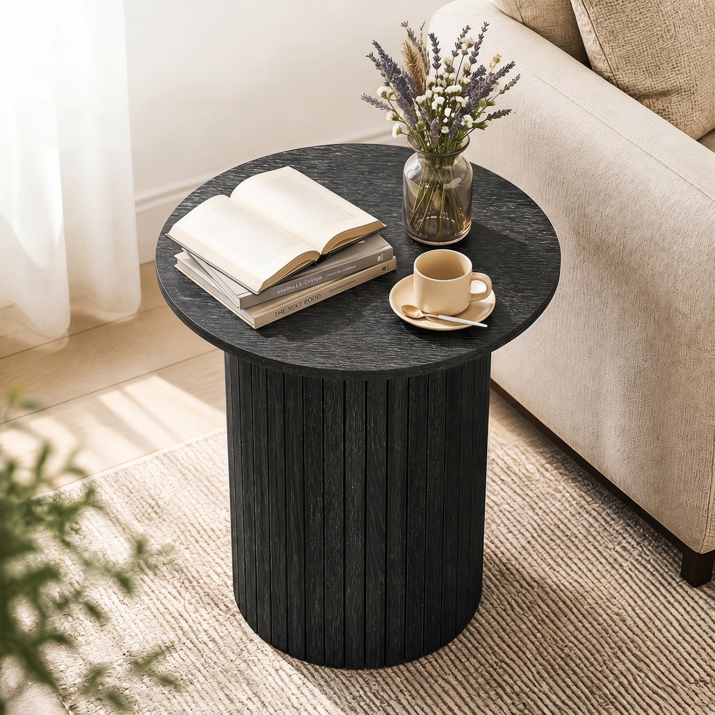 18" Round Fluted Side Table with Pedestal Drum Base