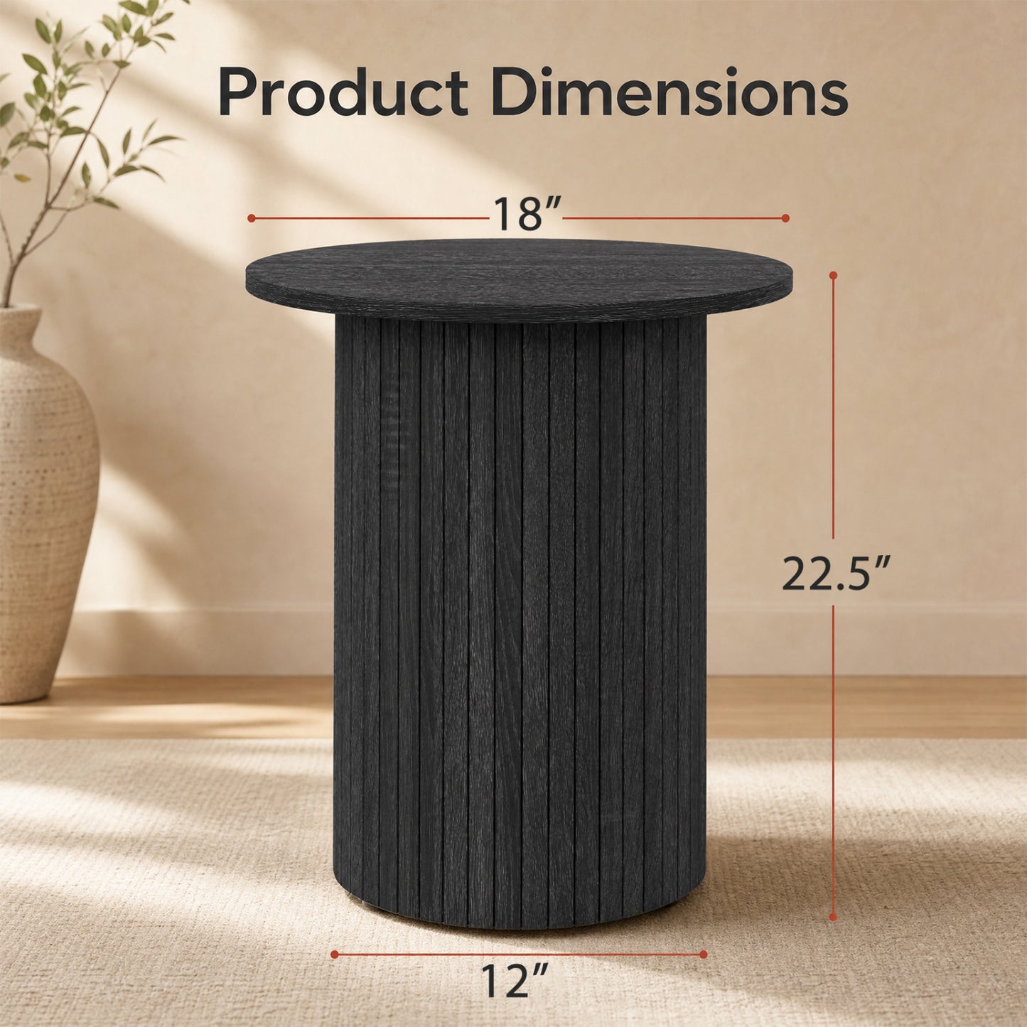 18" Round Fluted Side Table with Pedestal Drum Base