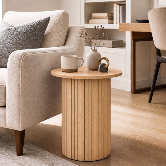 18" Round Fluted Side Table with Pedestal Drum Base