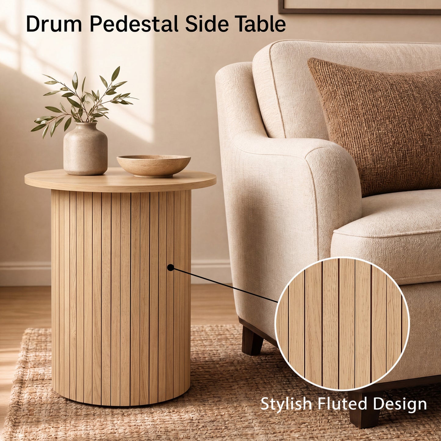 18" Round Fluted Side Table with Pedestal Drum Base