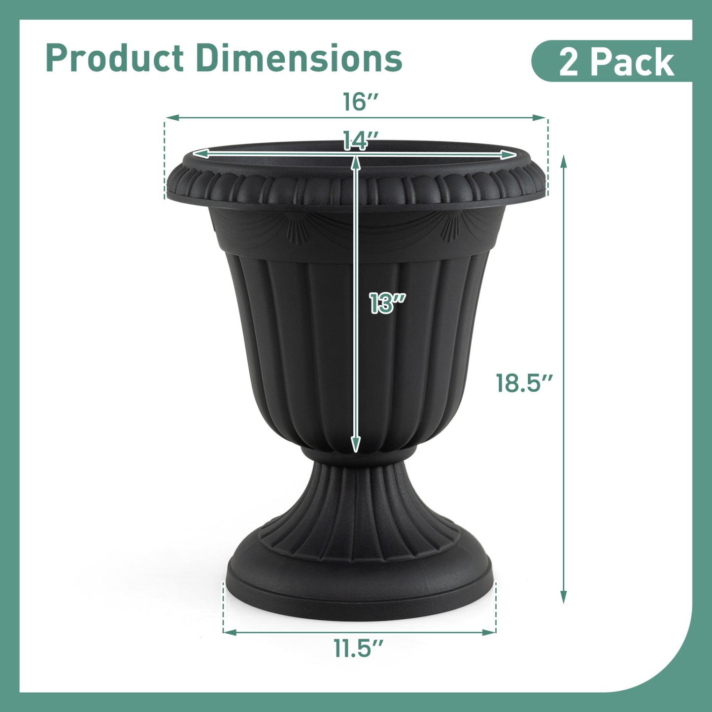 18-Inch Tall Urn Planters Set of 2 with Pedestal Base