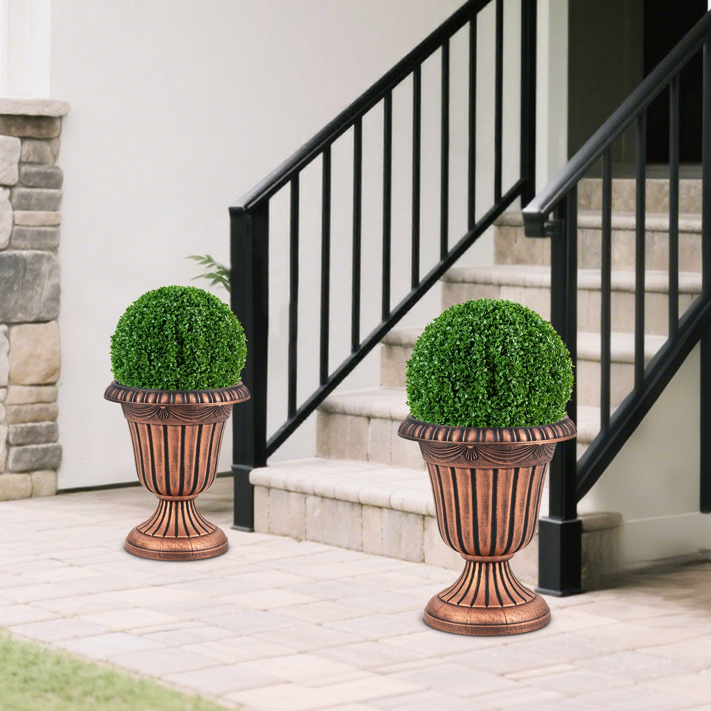 18 inch Tall Vintage Planters Set of 2 with Pedestal Base and Pre-marked Drain Hole-Bronze
