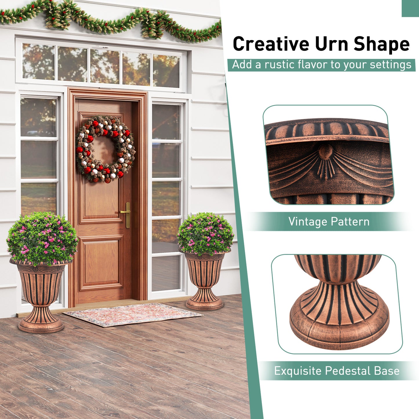 18 inch Tall Vintage Planters Set of 2 with Pedestal Base and Pre-marked Drain Hole-Bronze