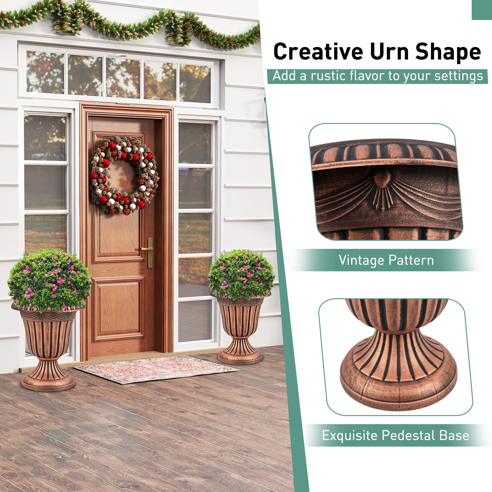 18 inch Tall Vintage Planters Set of 2 with Pedestal Base and Pre-marked Drain Hole-Bronze