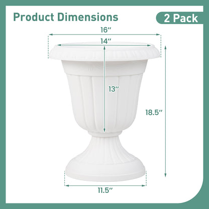 18 inch Tall Vintage Planters Set of 2 with Pedestal Base and Pre-marked Drain Hole-White