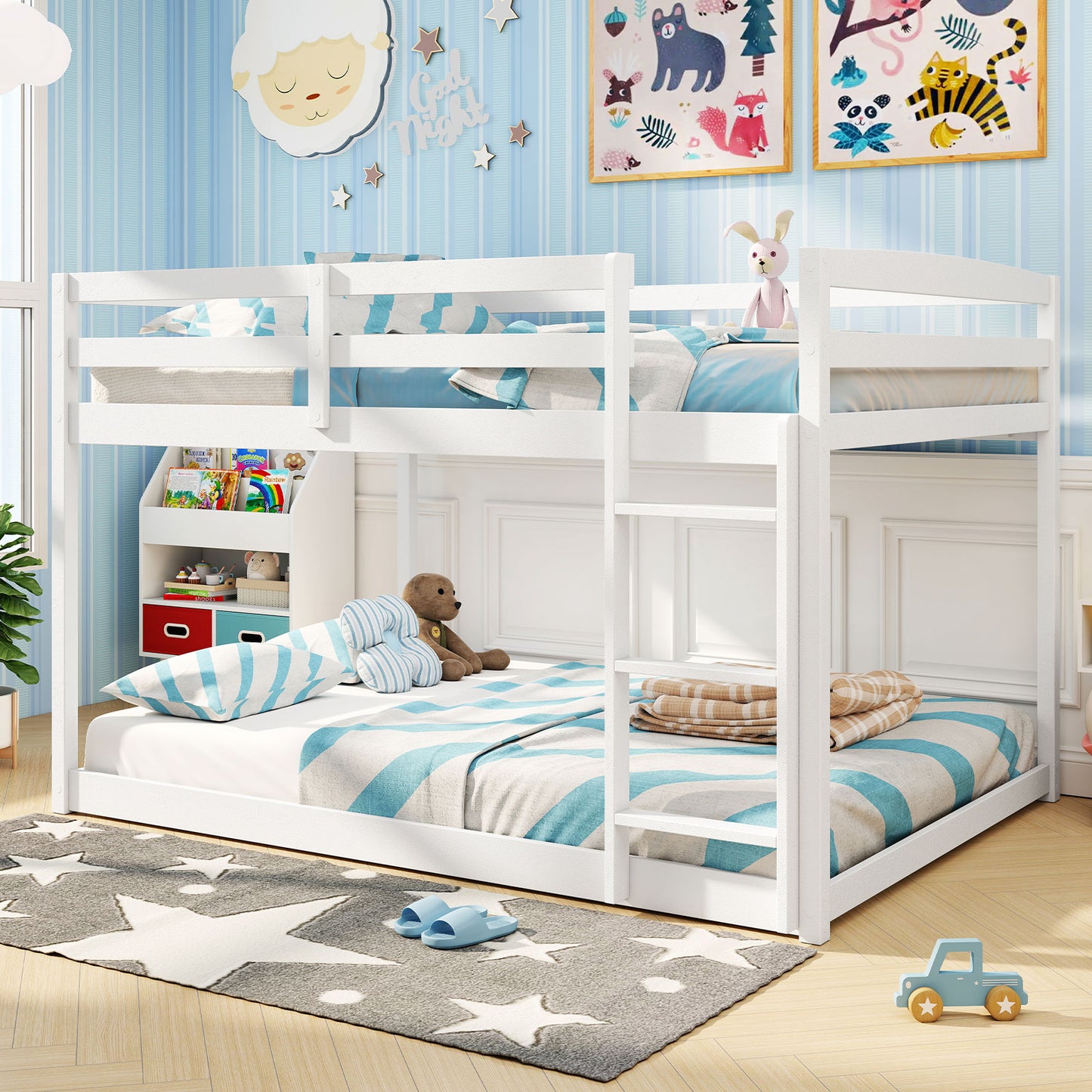 Full Over Full Bunk Bed Low-to-ground Bunk Bed-White