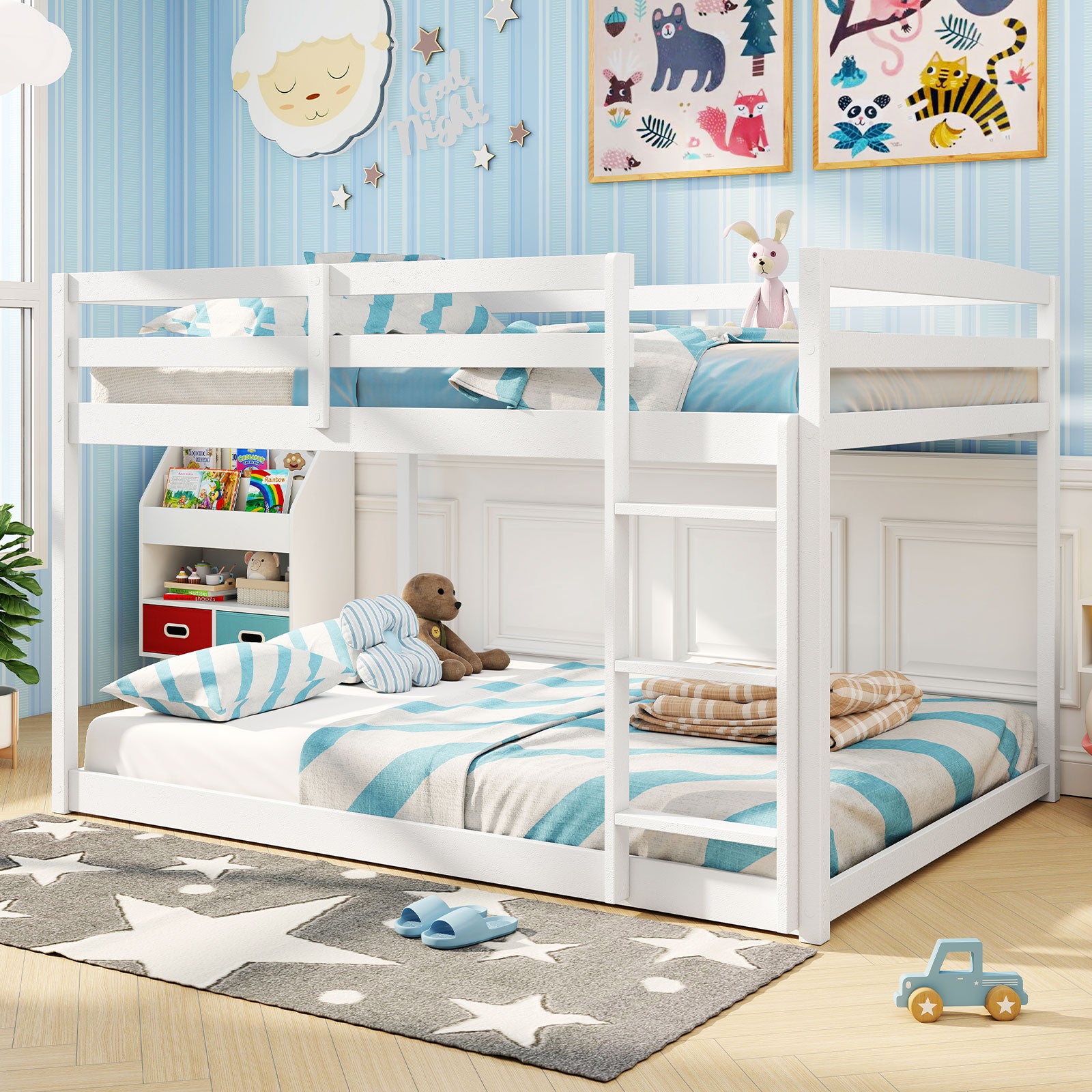 Full Over Full Bunk Bed Low-to-ground Bunk Bed-White