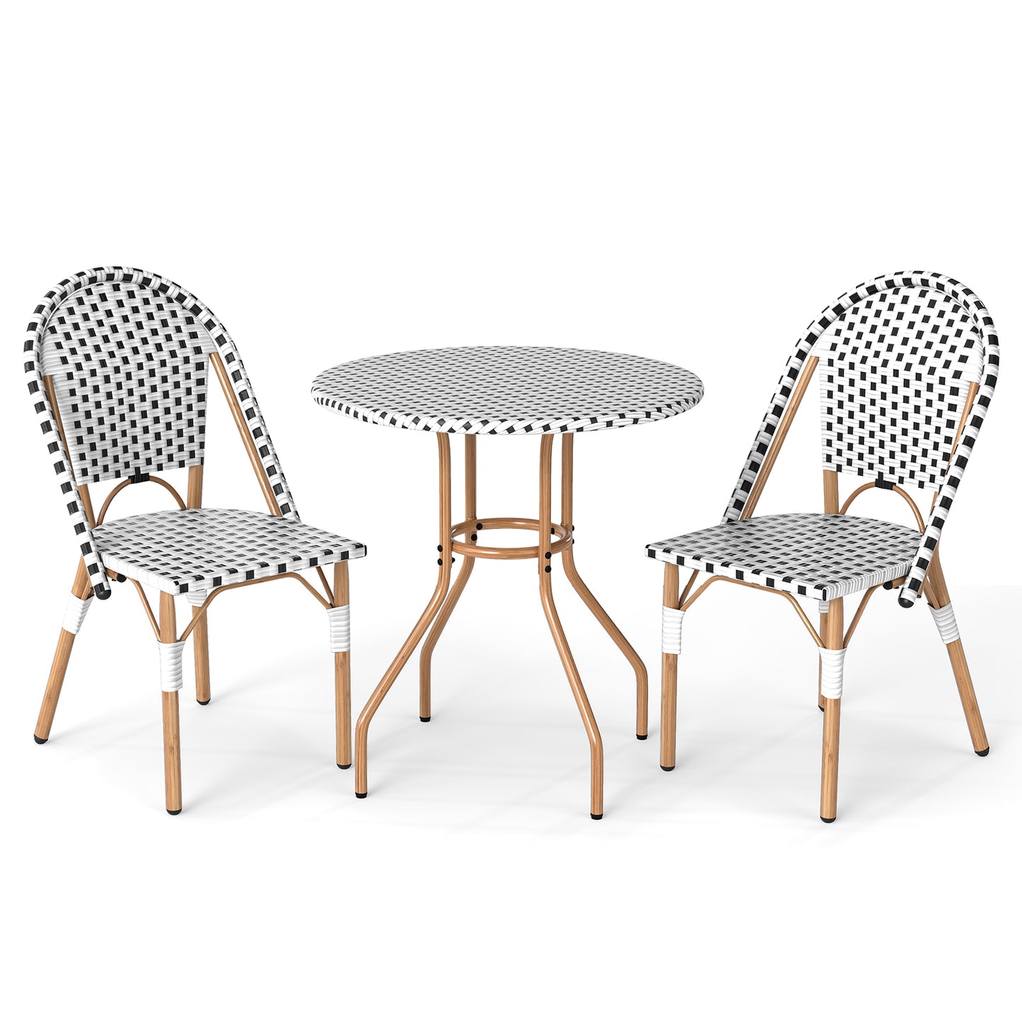 3 Piece French Bistro Table Chair Set with Outdoor Wicker Round Table and 2 Dining Chairs