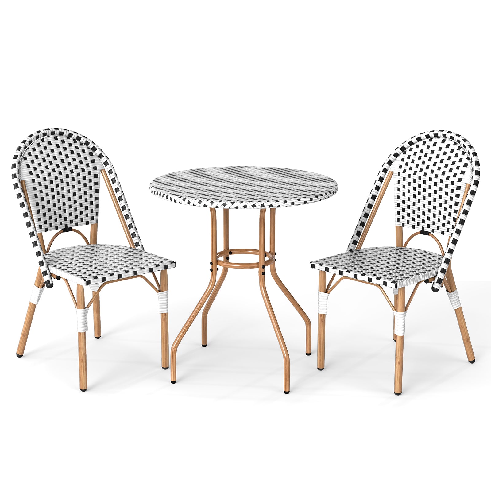 3 Piece French Bistro Table Chair Set with Outdoor Wicker Round Table and 2 Dining Chairs