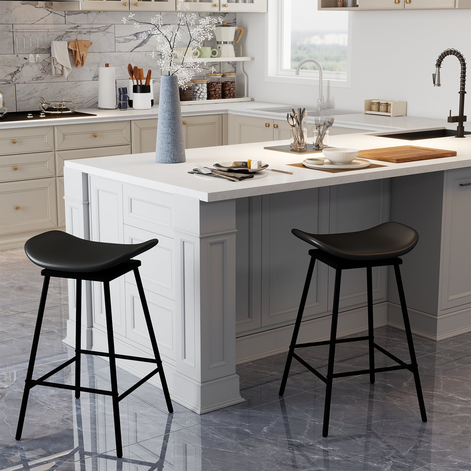 Set of 2 Swivel Barstools Faux Leather Upholstered Backless with Footrest-Black