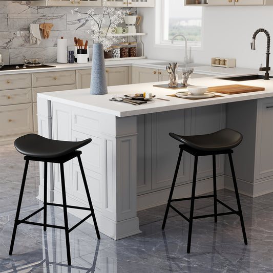 Set of 2 Swivel Barstools Faux Leather Upholstered Backless with Footrest-Black