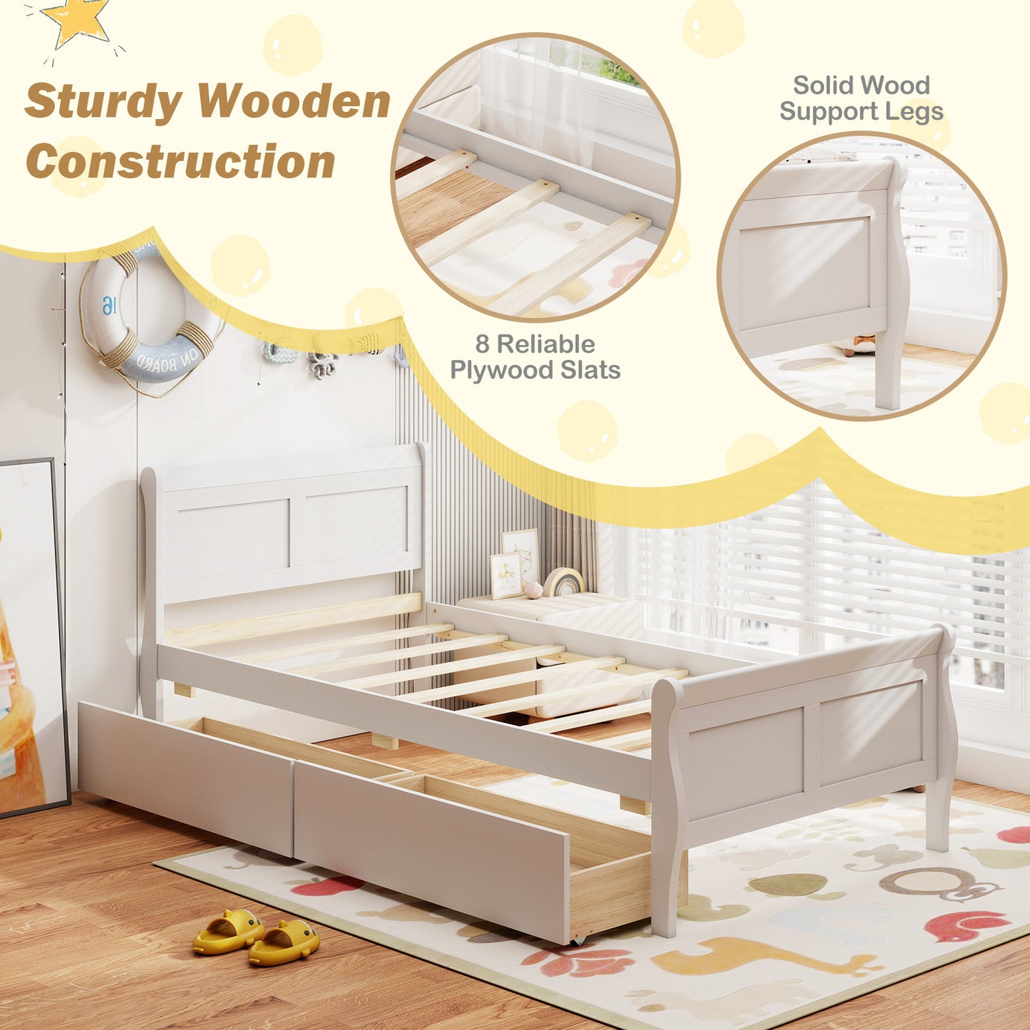 Twin Size Sleigh Bed with 2 Storage Drawers Wood Platform Bed Frame-White