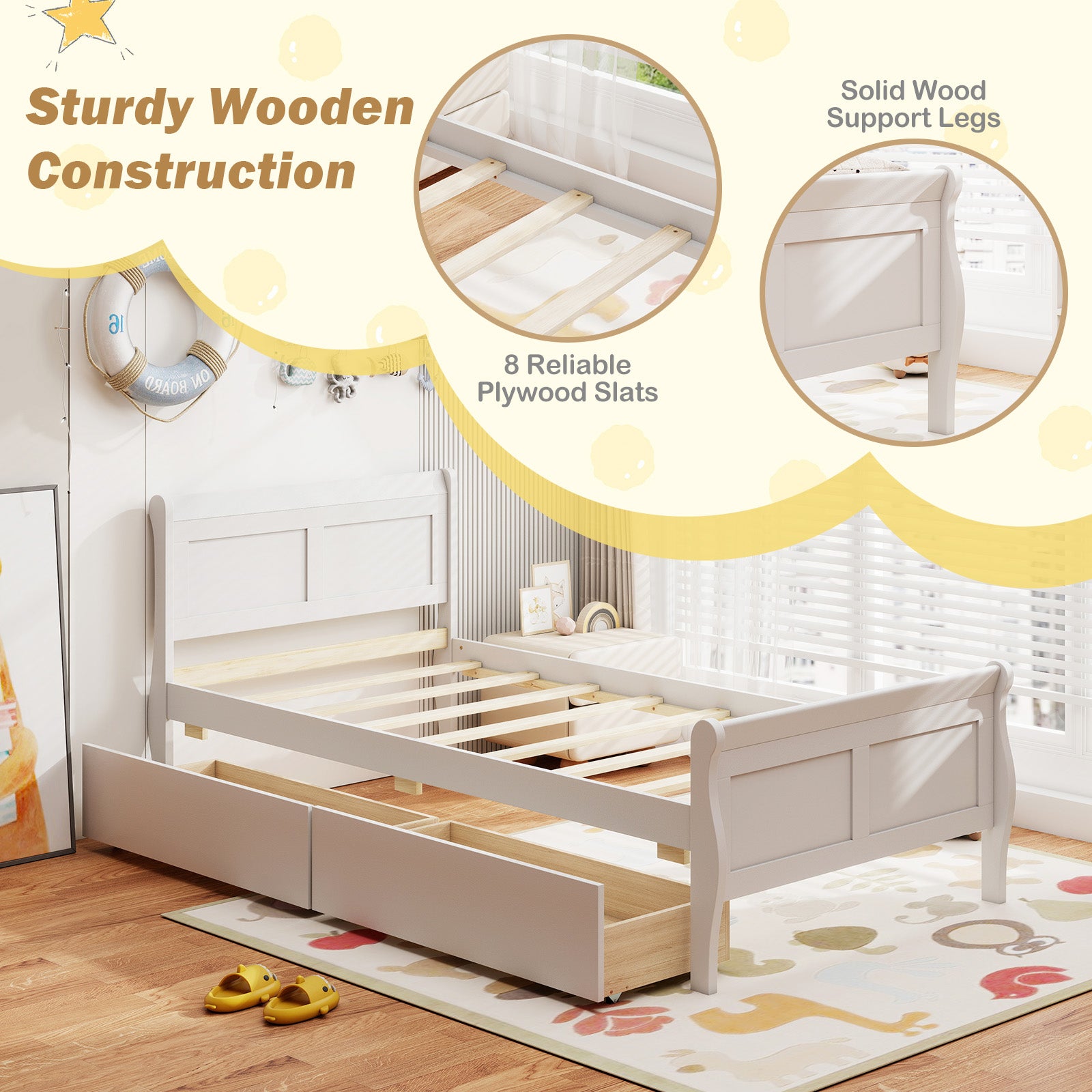 Twin Size Sleigh Bed with 2 Storage Drawers Wood Platform Bed Frame-White