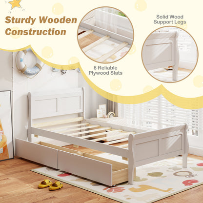 Twin Size Sleigh Bed with 2 Storage Drawers Wood Platform Bed Frame-White