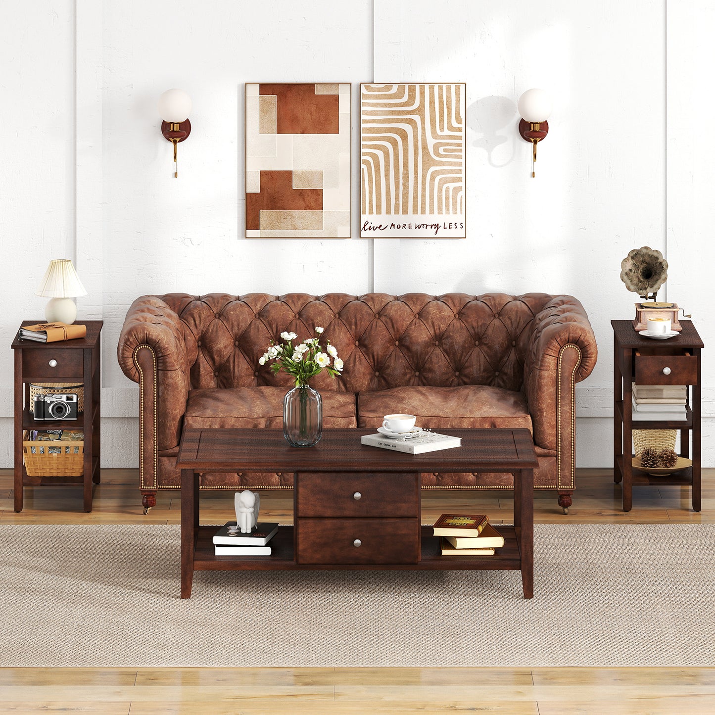 3-Tier Narrow End Table with Drawer and Storage Shelves-Walnut