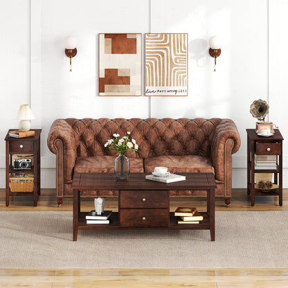 3-Tier Narrow End Table with Drawer and Storage Shelves-Walnut