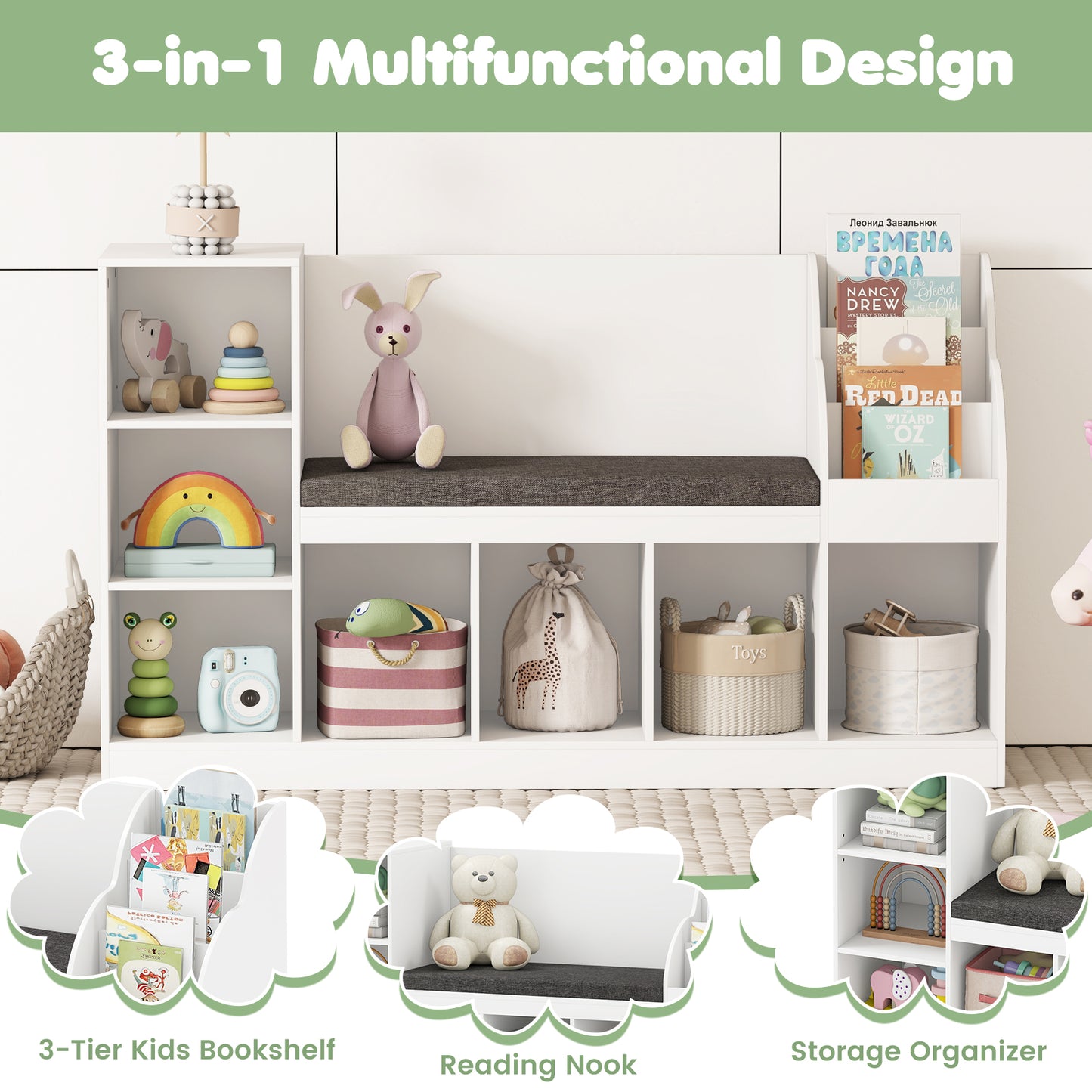 Kids Bookcase with Reading Nook 3-in-1 Standing Toy Organizer-White