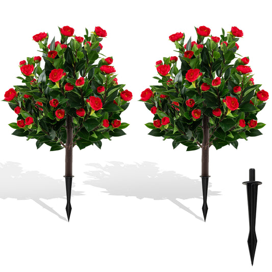 31 Inches Artificial Camellia Tree Set 2 Pack Fake Flower Trees-Green