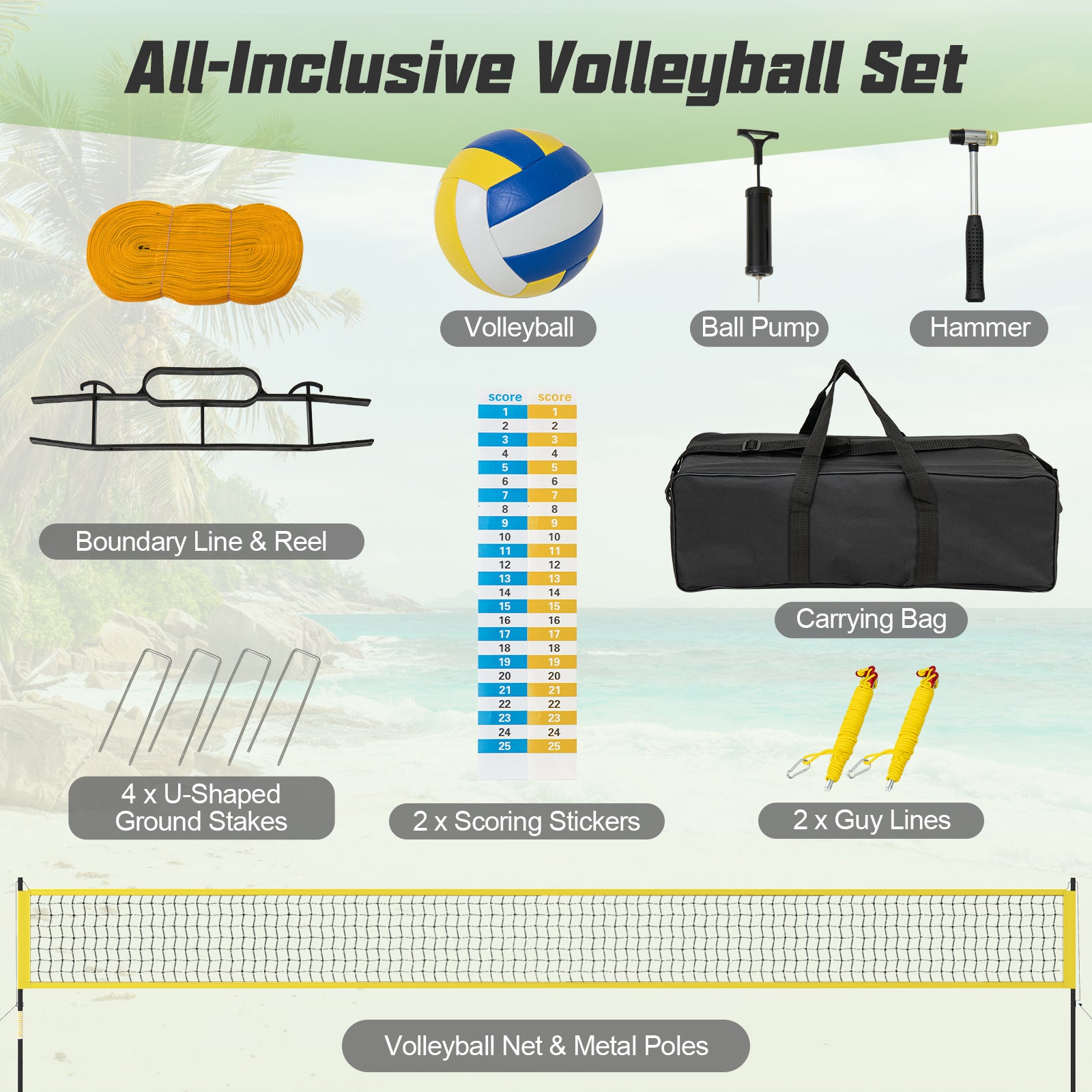 Portable Outdoor Volleyball Net Set Heavy-Duty Volleyball Net System-Yellow