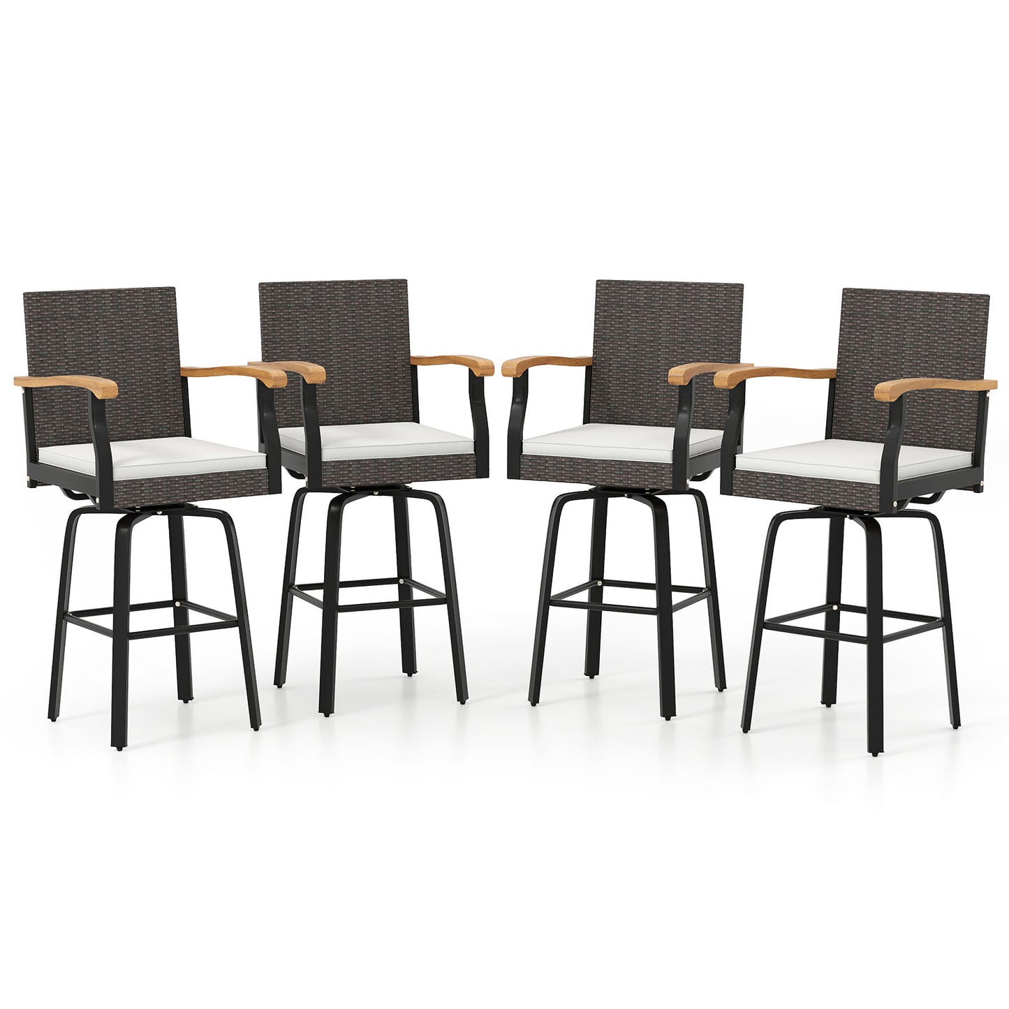 Set of 4 Outdoor 360¬∞ Swivel Bar Stool with Cushion and Acacia Wood Armrests