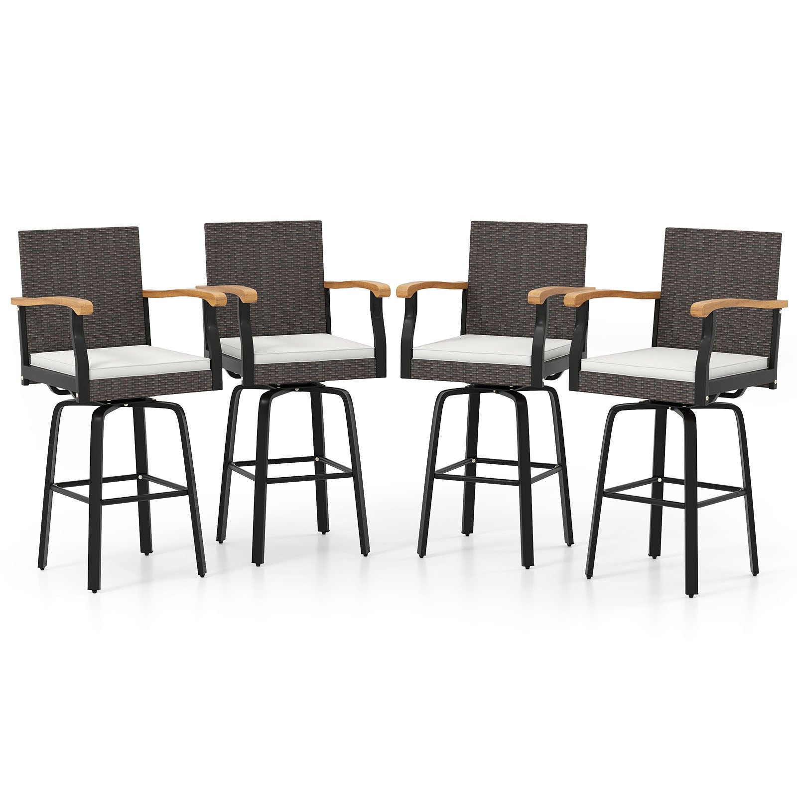 Set of 4 Outdoor 360¬∞ Swivel Bar Stool with Cushion and Acacia Wood Armrests