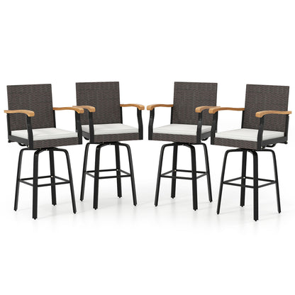 Set of 4 Outdoor 360¬∞ Swivel Bar Stool with Cushion and Acacia Wood Armrests