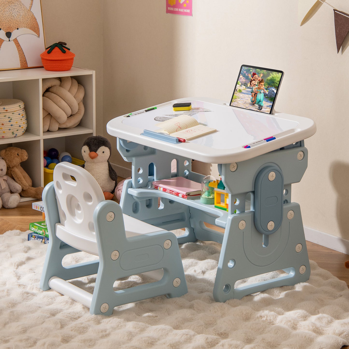 Height Adjustable Kids Table and Chair Set with Tiltable Whiteboard and Concave Shelf-Blue