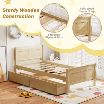Twin Size Sleigh Bed with 2 Storage Drawers Wood Platform Bed Frame-Natural