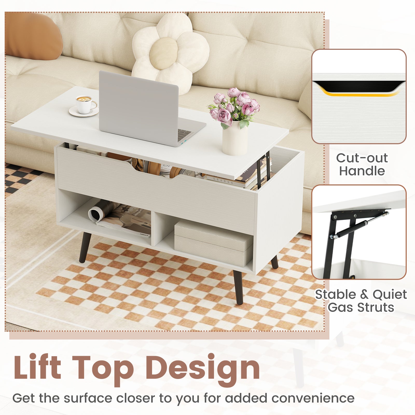 31.5 Inch Lift-Top Coffee Table with Hidden Storage and 2 Open Shelves-White