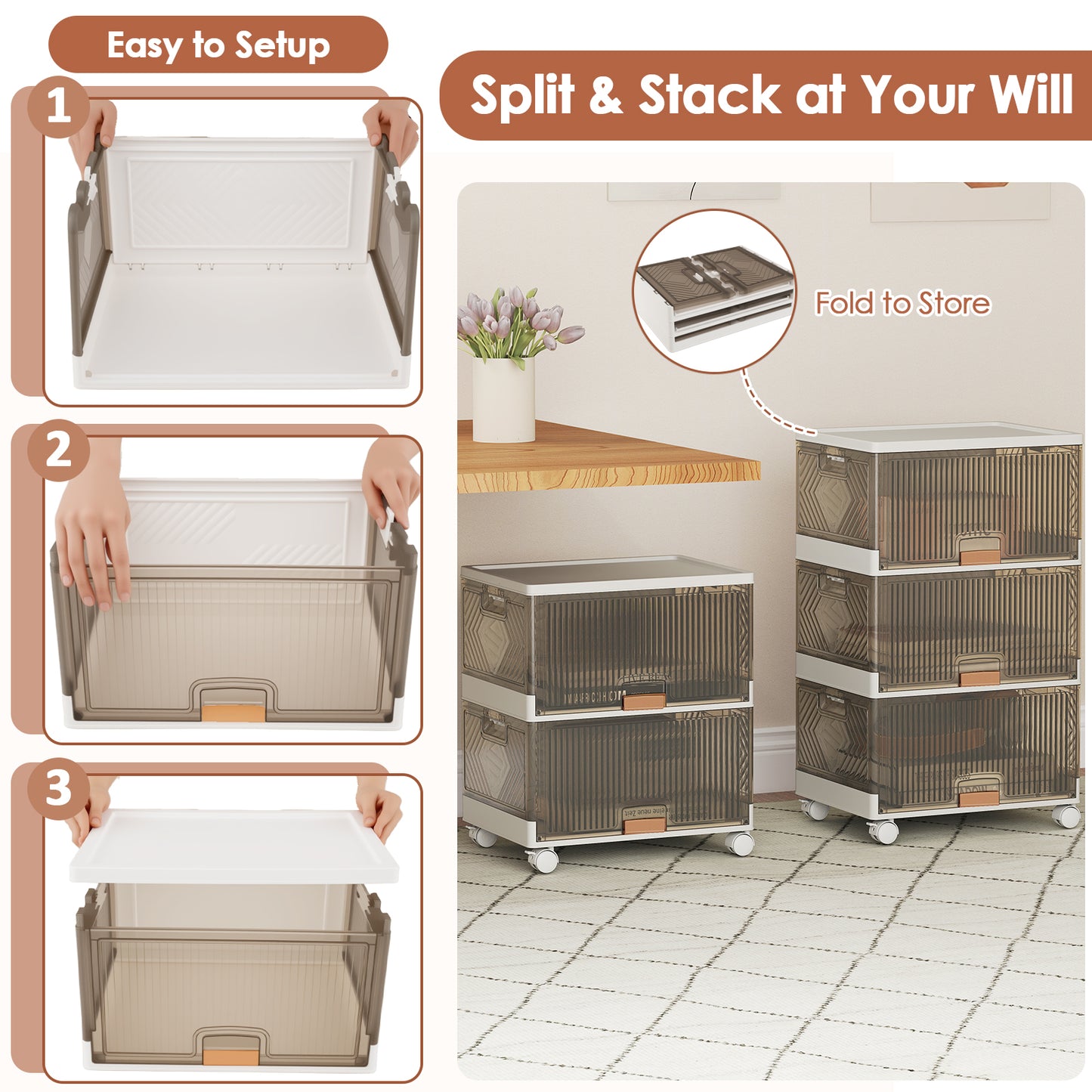 3/4/5/6-Cube Stackable Storage Bins with Detachable Wheels-3 Cube