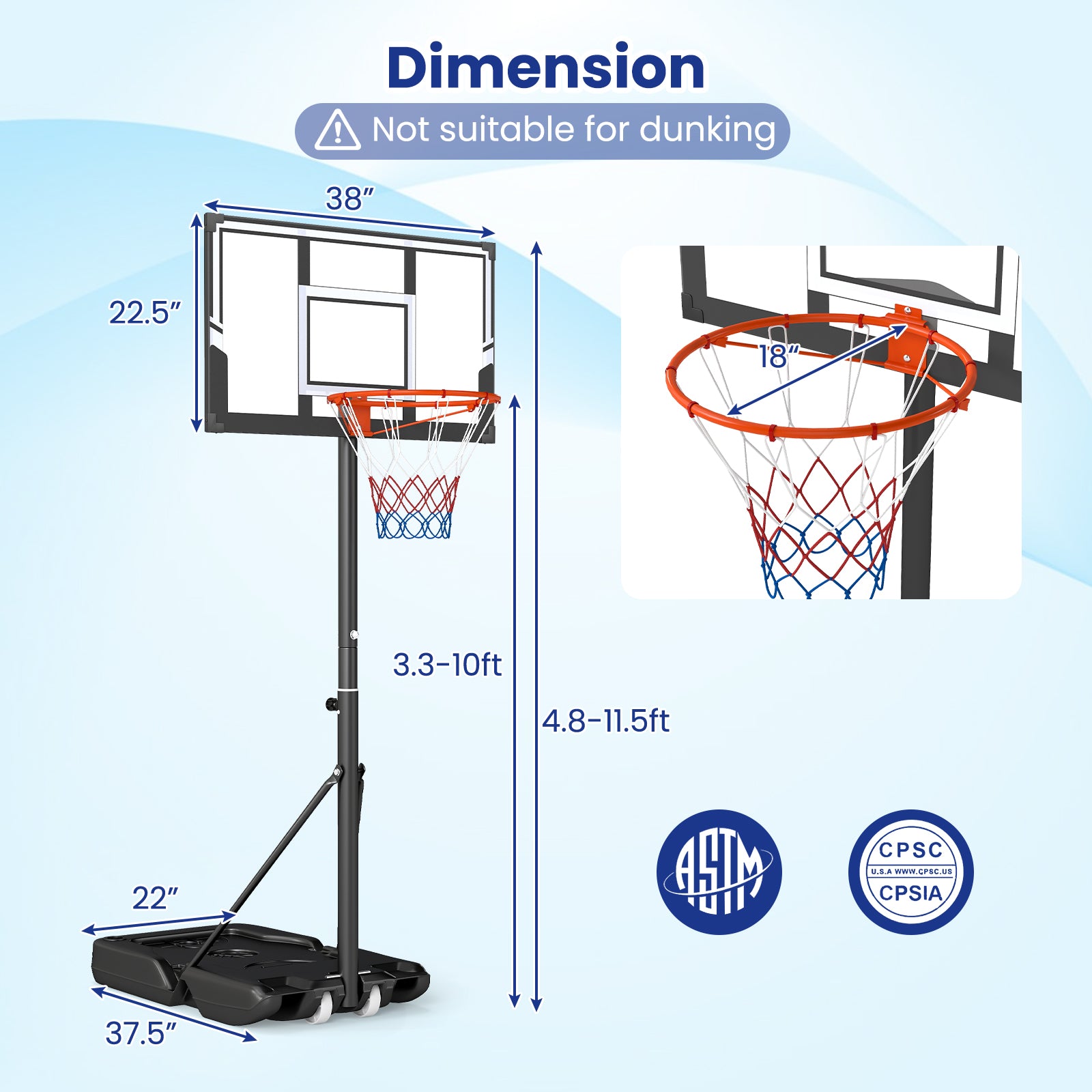 3.3-10 Feet Portable Basketball Hoop Adjustable with Base and Wheels