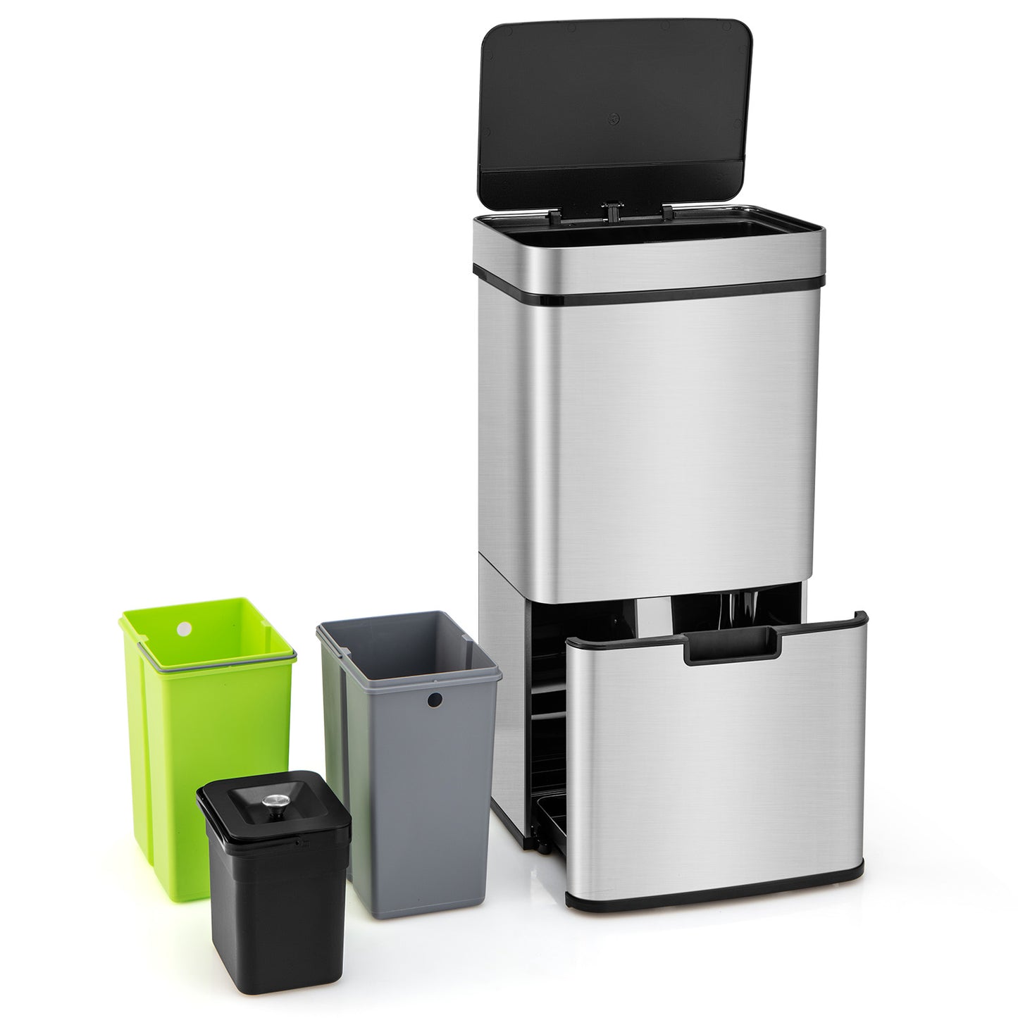 19 Gal Stainless Steel Trash Can with Kitchen Waste Bin and 2 Bottom Recycling Bins-Silver