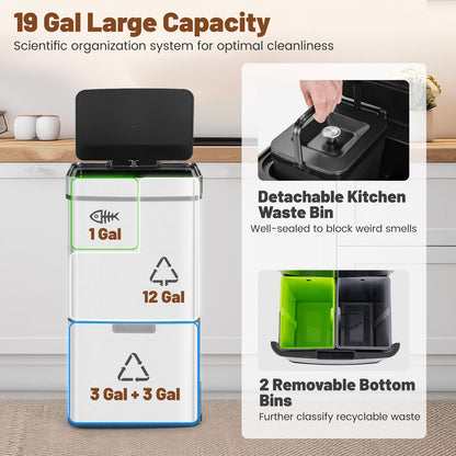 19 Gal Stainless Steel Trash Can with Kitchen Waste Bin and 2 Bottom Recycling Bins-Silver