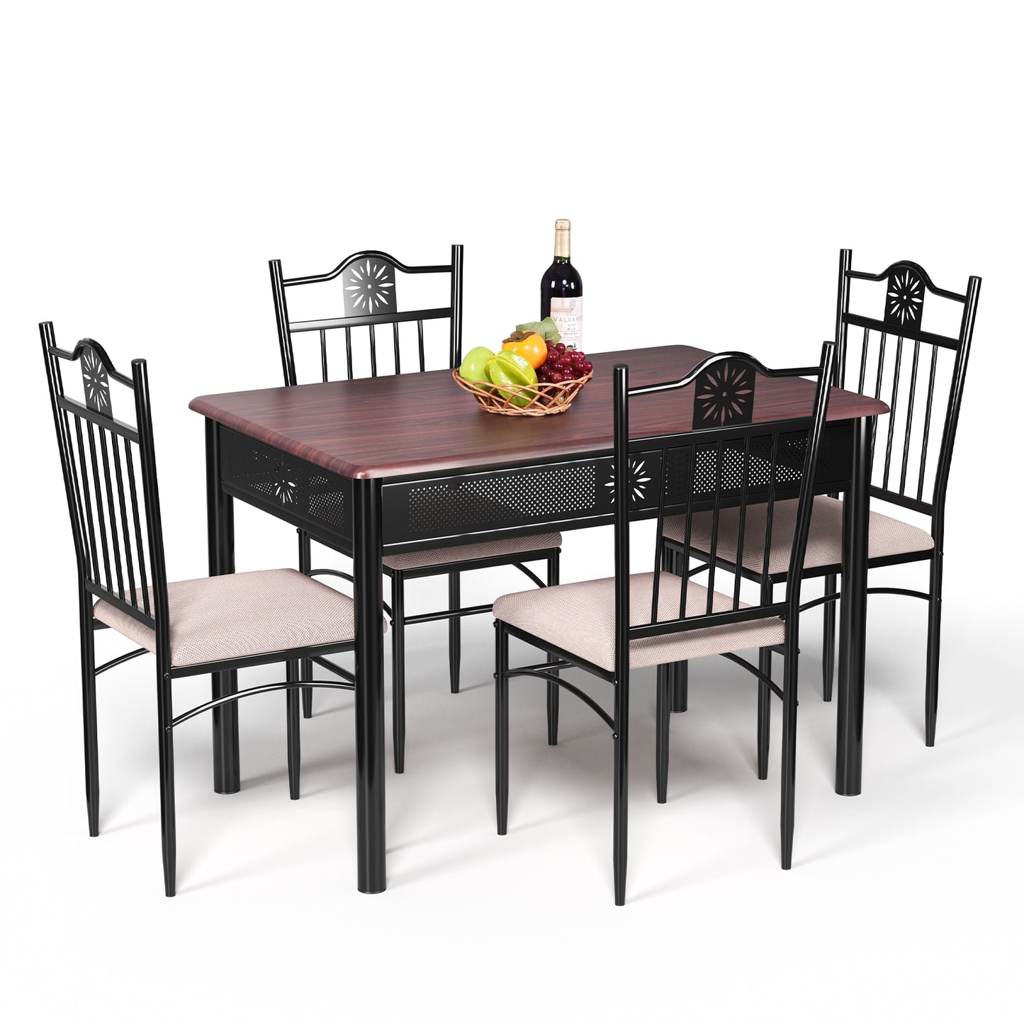 5 Pcs Dining Set Wood Metal Table and 4 Chairs with Cushions-Black - Default